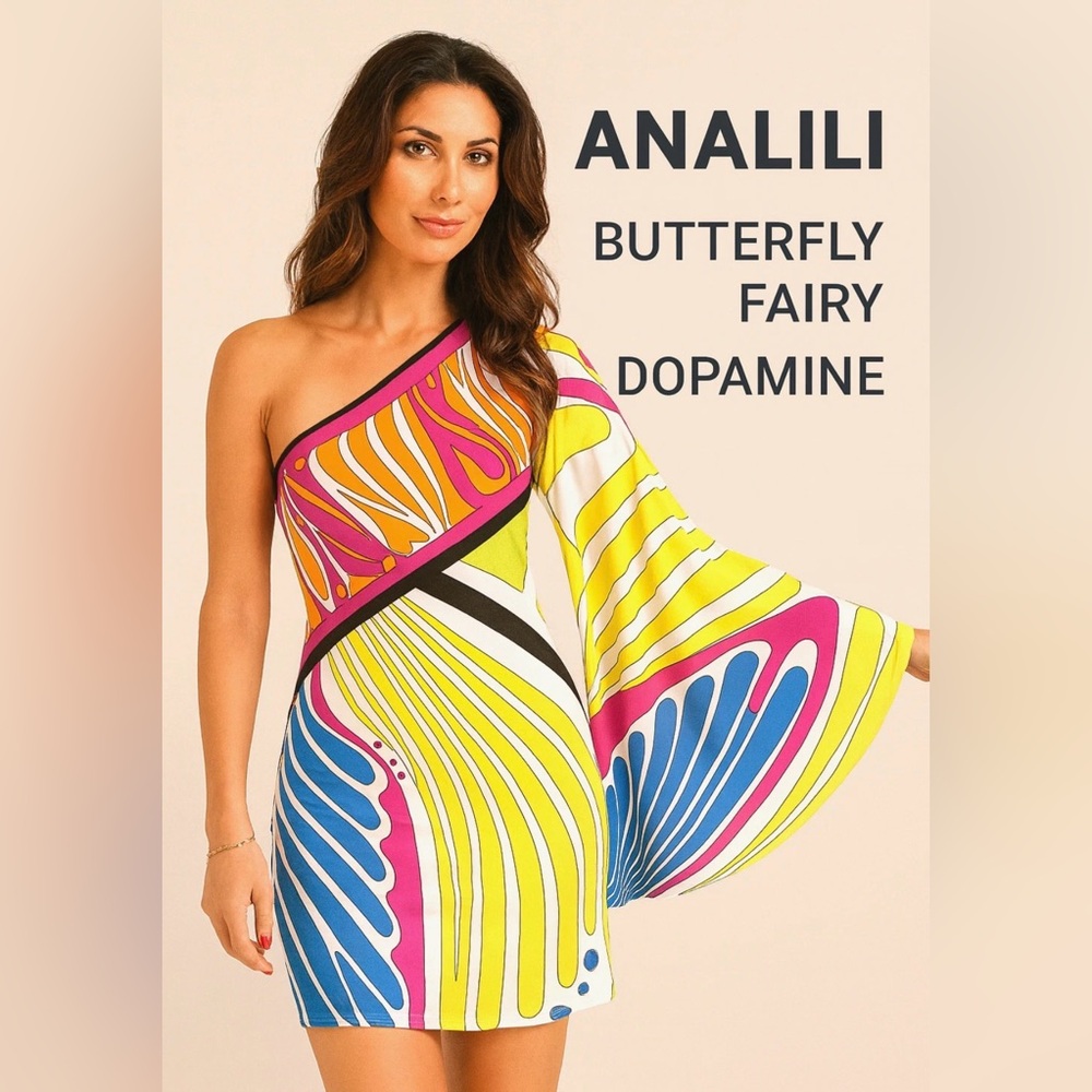 Analili  One-Shoulder Dress medium vacation ready? Pucci vibe butterfly